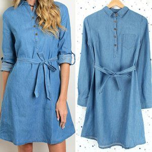 Denim Dress Self Tie Belt Long Sleeve